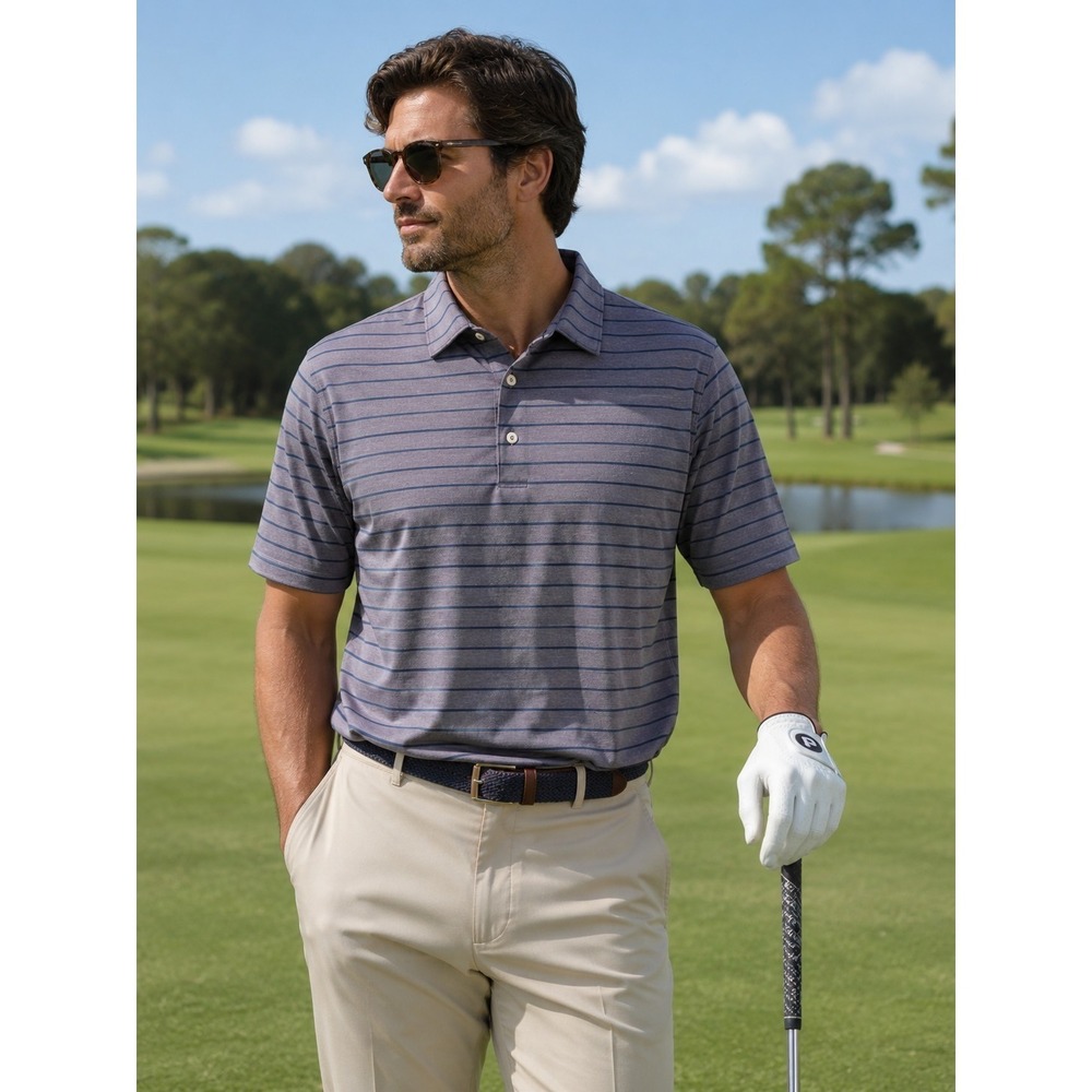 Peter Millar Summer Comfort Grey Blue Striped Golfing Vacation AthleisurePolo XL